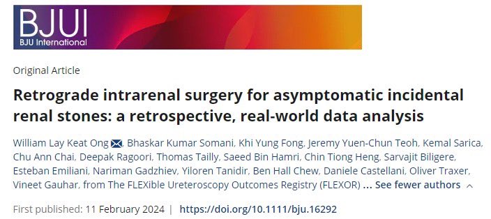 First of it’s kind article to analyse #rirs in asymptomatic renal stones. A multicenter global study @OTRAXER @DocGauhar @endouro @jteoh_hk @drkemalsarica @sbinhamrii @Urologeman @ytanidir @BJUIjournal @D_Castellani @thomastailly @DrBenChew @Uroweb @usioffice @Endo_Society