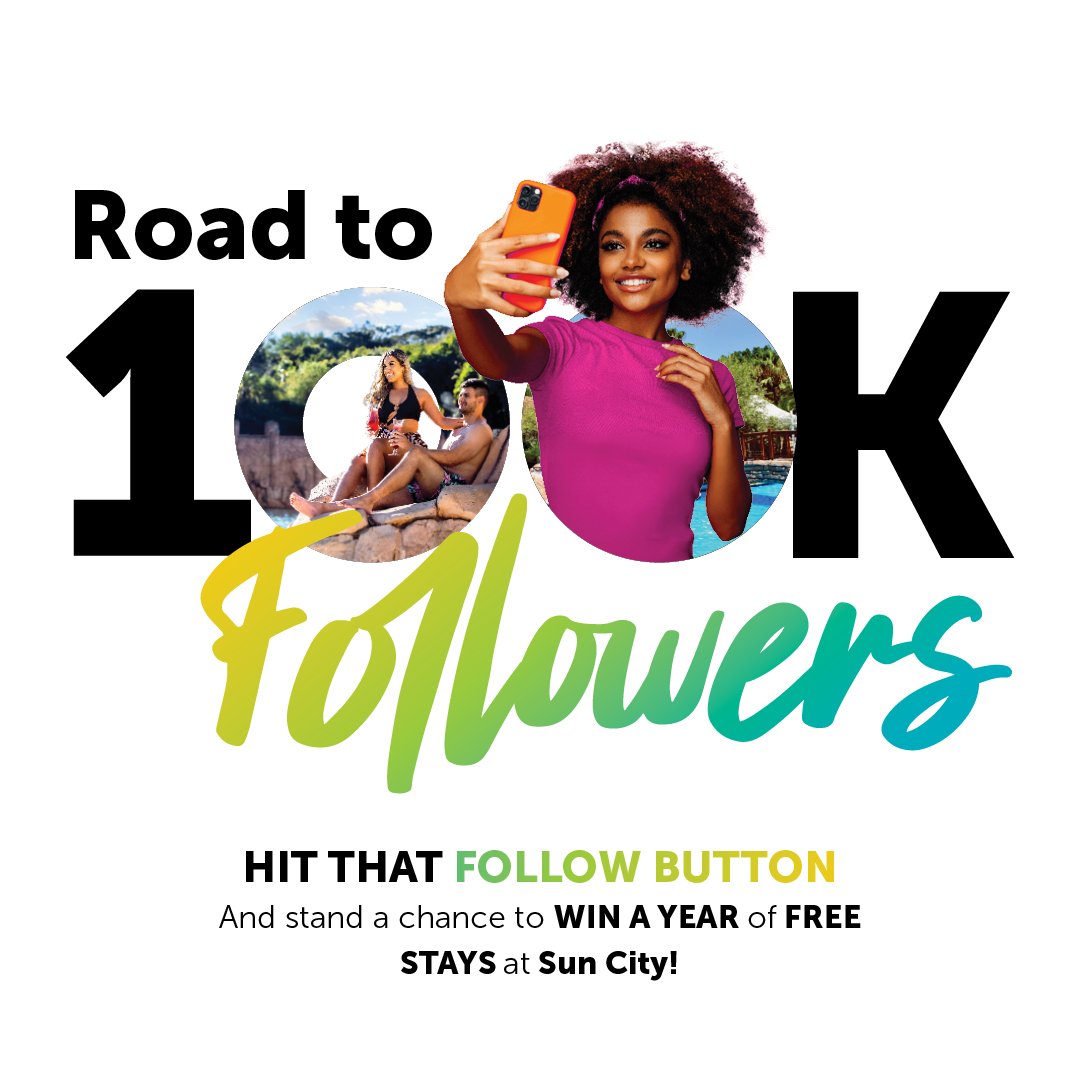 We're giving away a YEAR of blissful stays at Sun City once we hit 100,000 followers on Instagram! 🌴 Follow us now and let the adventure begin! 🌞 For more information: brnw.ch/21wGTBB T's & C's Apply.