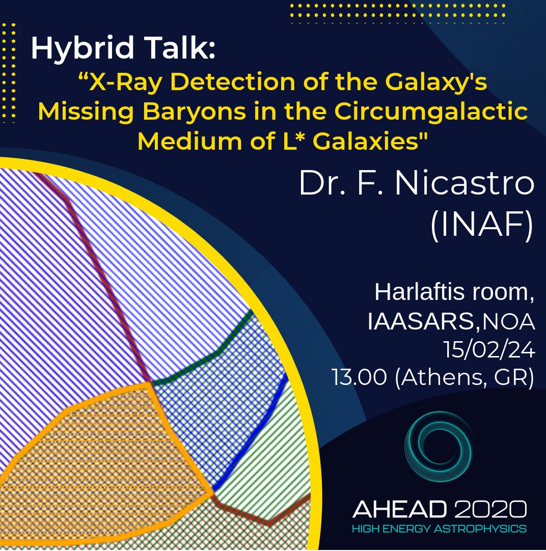 🤩 Hybrid Talk: 'X-Ray Detection of the #Galaxy's Missing #Baryons in the Circumgalactic Medium of L* Galaxies' by Dr. F. Nicastro (#INAF) 🏛️Harlaftis room, IAASARS, Nat. #Observatory of Athens ⏲️ February 15th, 2024, 13:00 (GR time) ℹ️ ahead.astro.noa.gr/?p=3012