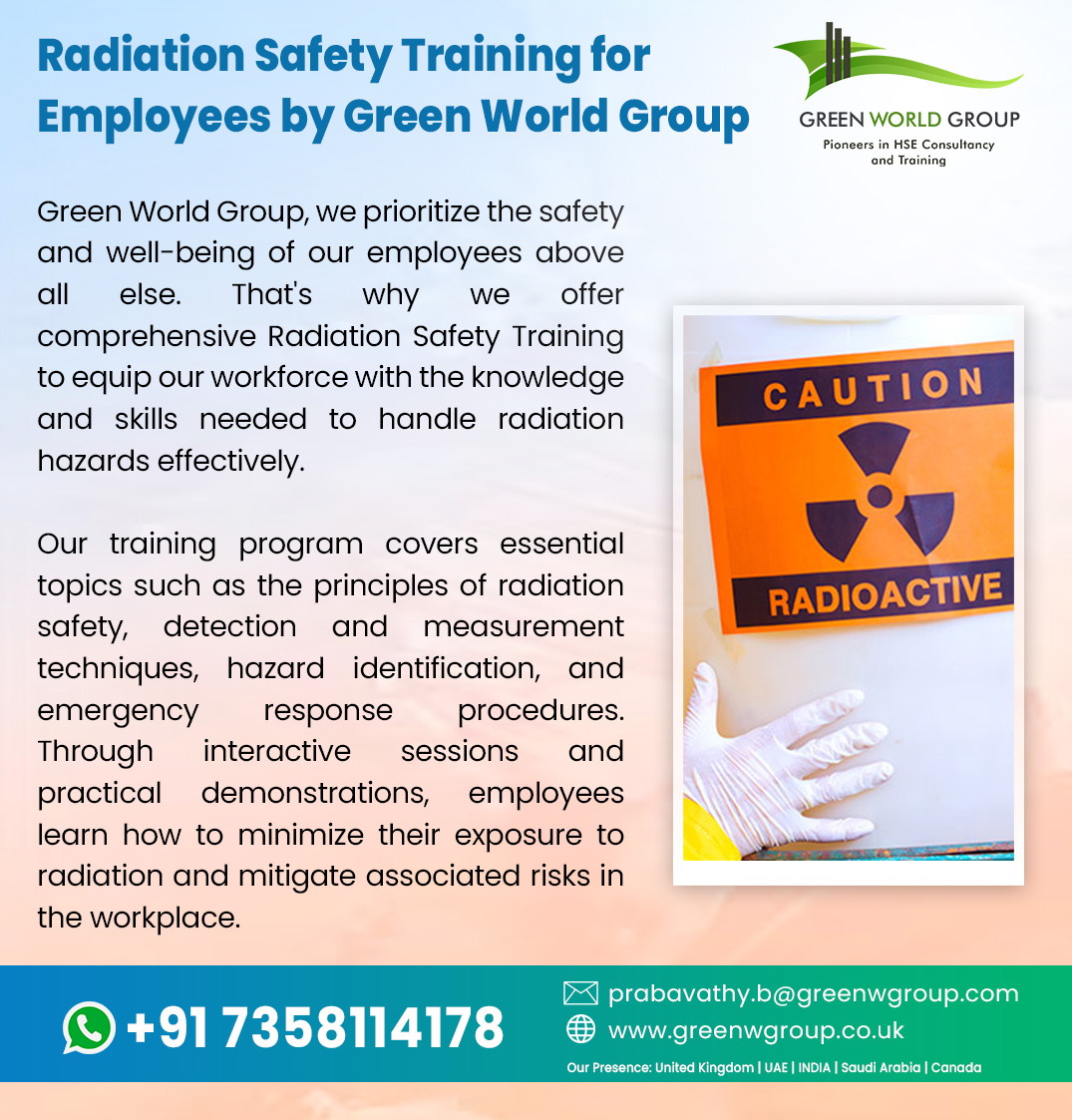 CAll Us : +917358114178
Email   : Prabavathy.b@Greenwgroup.com
greenwgroup.co.in/radiation-safe…

#RadiationSafetyTraining,#GreenWorldGroup,#EmployeeSafety,#WorkplaceSafety,#RadiationSafety,#SafetyTraining