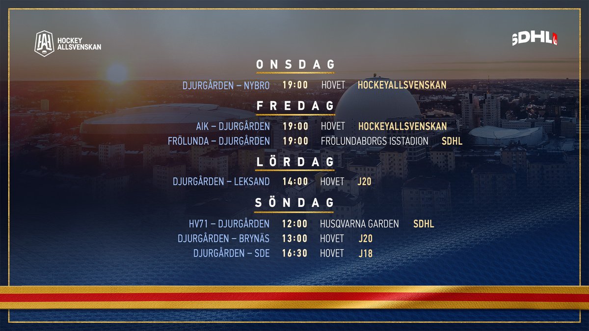 DIFHockeyse's tweet photo. 𝗩𝗲𝗰𝗸𝗮𝗻𝘀 𝗺𝗮𝘁𝗰𝗵𝗲𝗿 📆

En ny Djurgårdsvecka kan ta sin början med matcher för samtliga våra fyra lag. Upplev hemmamatcherna på plats från Hovets läktare - full fart framåt!

🎟️ https://t.co/81KFrua4p1

💛❤️💙
#DIFHockey #AlltidOavsett https://t.co/JHVh3rshQE