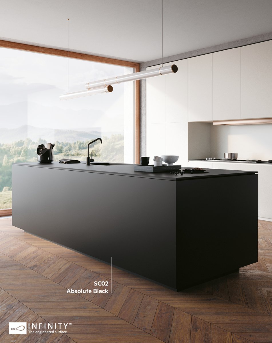InterslabZA's tweet image. For the most intense and purest black tones, #InfinitySurfaces #AbsoluteBlack offers that 'stop-you-in-your-tracks' drama - and this year we're all about shaking things up! Are your design senses tingling? Tell us more... #interslab #kitchendesign #kitchenisland