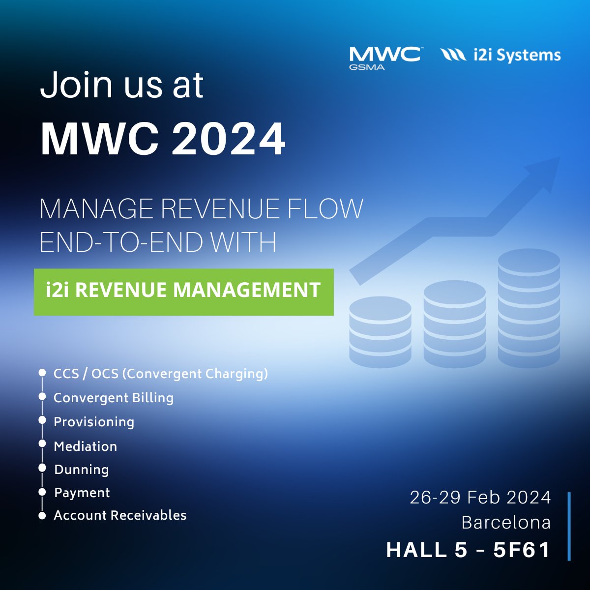 Join us at #MWC24 to discover our i2i Revenue Management Suite!

i2i #RevenueManagement Suite provides operators with the ability to manage their revenue flow end-to-end. 

@MWCHub