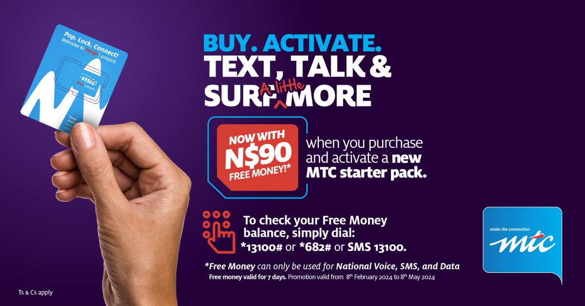 MTCNamibia's tweet photo. Need more reasons to purchase and activate the MTC Starter Pack? How about getting N$90 for FREE and N$5 for airtime? Start chatting, texting, and browsing with ease!
To check your free money balance, dial *682#, *13100#, or SMS 13100.
#MTCStarterPack #StayConnected https://t.co/Pk1K50l2Bb