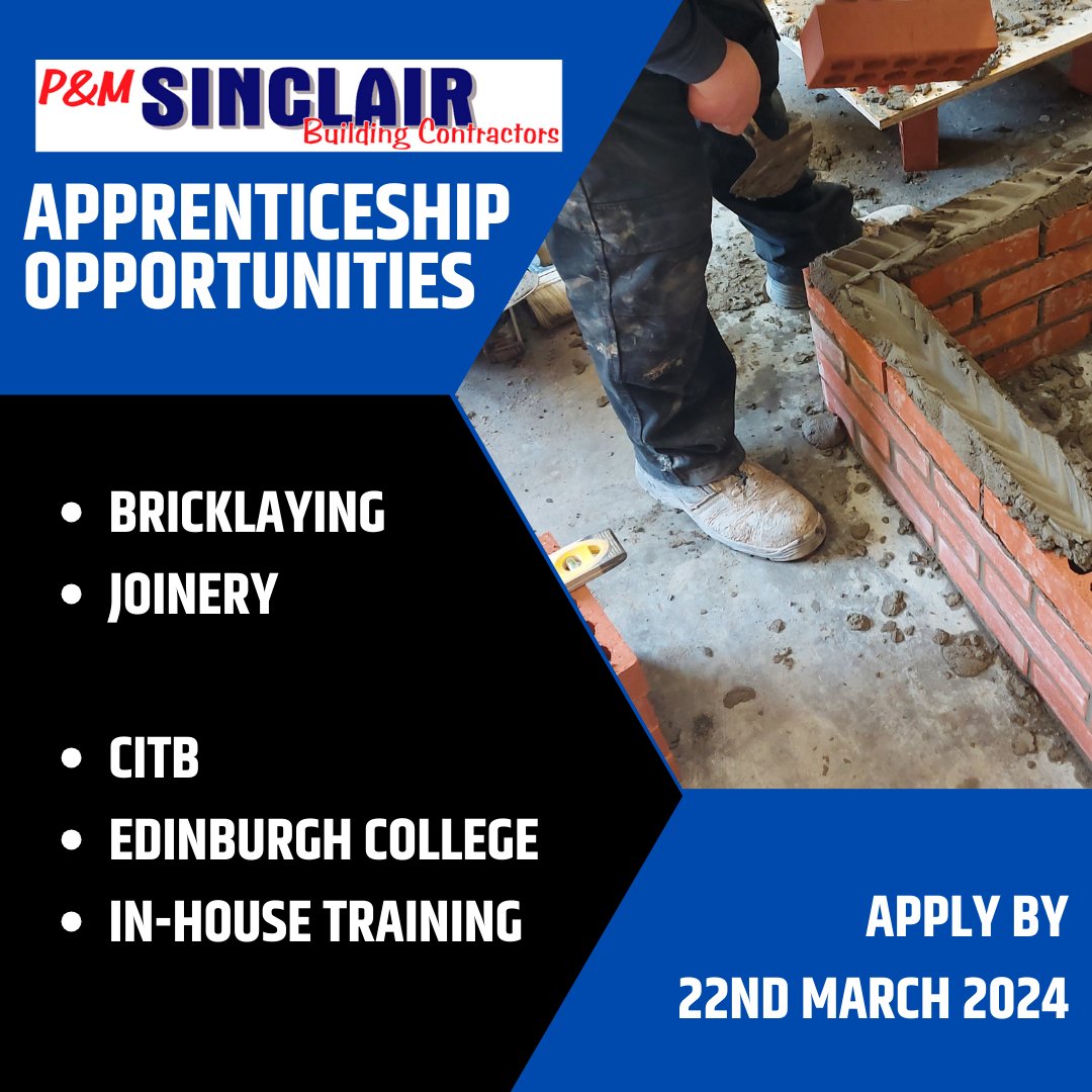 Apprentice opportunities in bricklaying (3/4 places) and joinery (1 place) for August 2024. Looking for 5th or 6th year school leavers with a selection of qualifications including National 5 Maths and one Higher in any subject.  Contact emma@pmsinclair.co.uk for information.