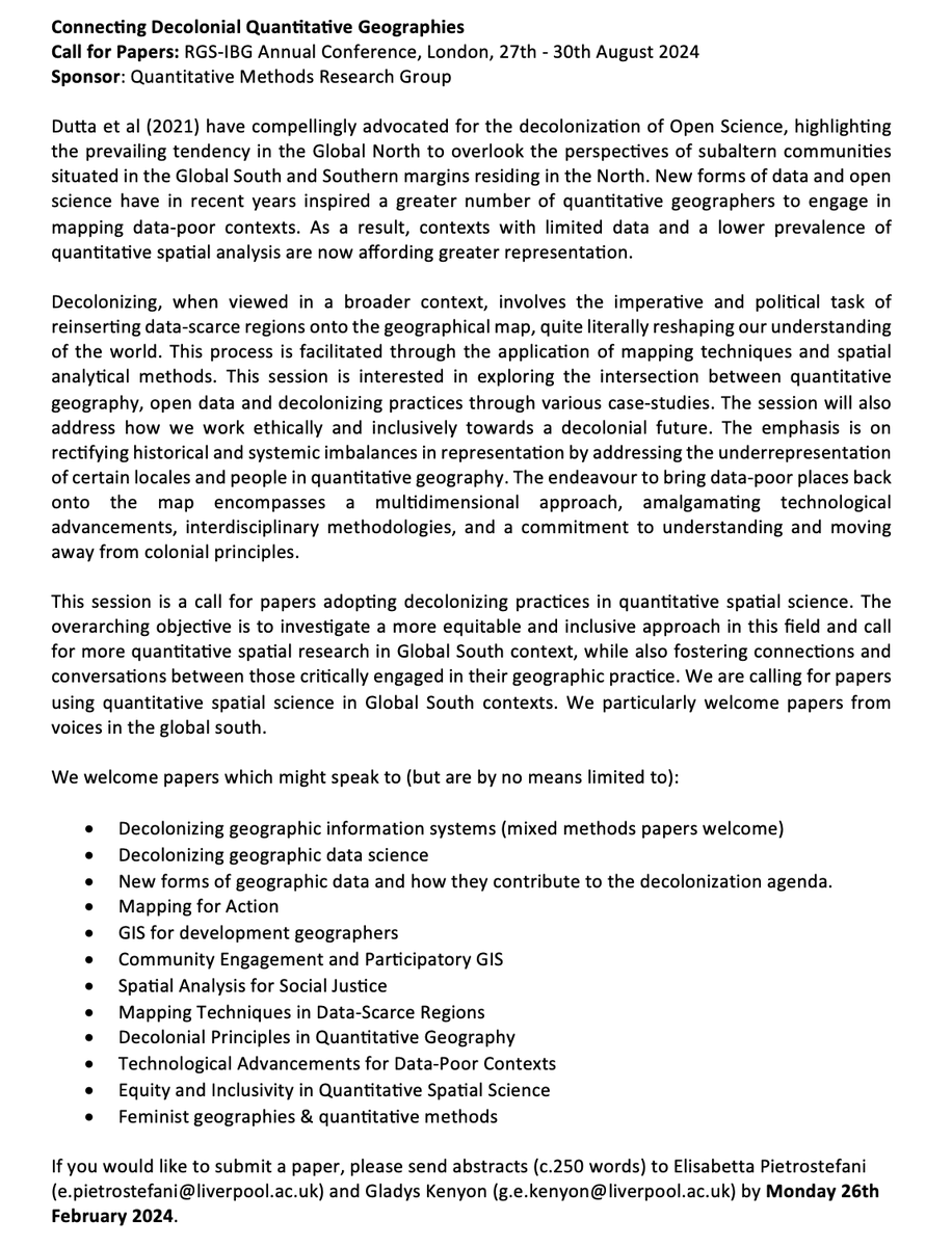 Excited to receive submissions for this session on #Decolonising #Quant #Geography with @gekenyon sponsored by @qmrg_rgs_ibg! 🌍 Join us at the RGS-IBG Conference this year. 250-word abstracts by 26th Feb ! 🚀 Submit here➡️ac2024.exordo.com/submissions/pa… #RGSIBG2024 #mappingforaction