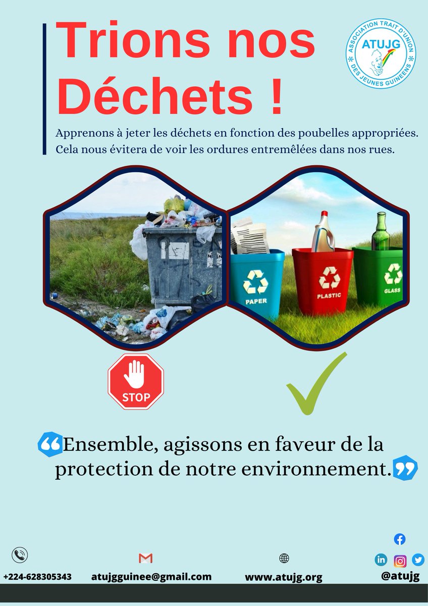 AtujgGuinee's tweet photo. [ TRIEZ LES DÉCHETS, C'EST SAUVÉ SON L'ENVIRONNEMENT ].

Ensemble, engageons nous pour ce noble combat.
#GouvGN
#MEFE
ONG ATUJG https://t.co/48bWNVDcbX