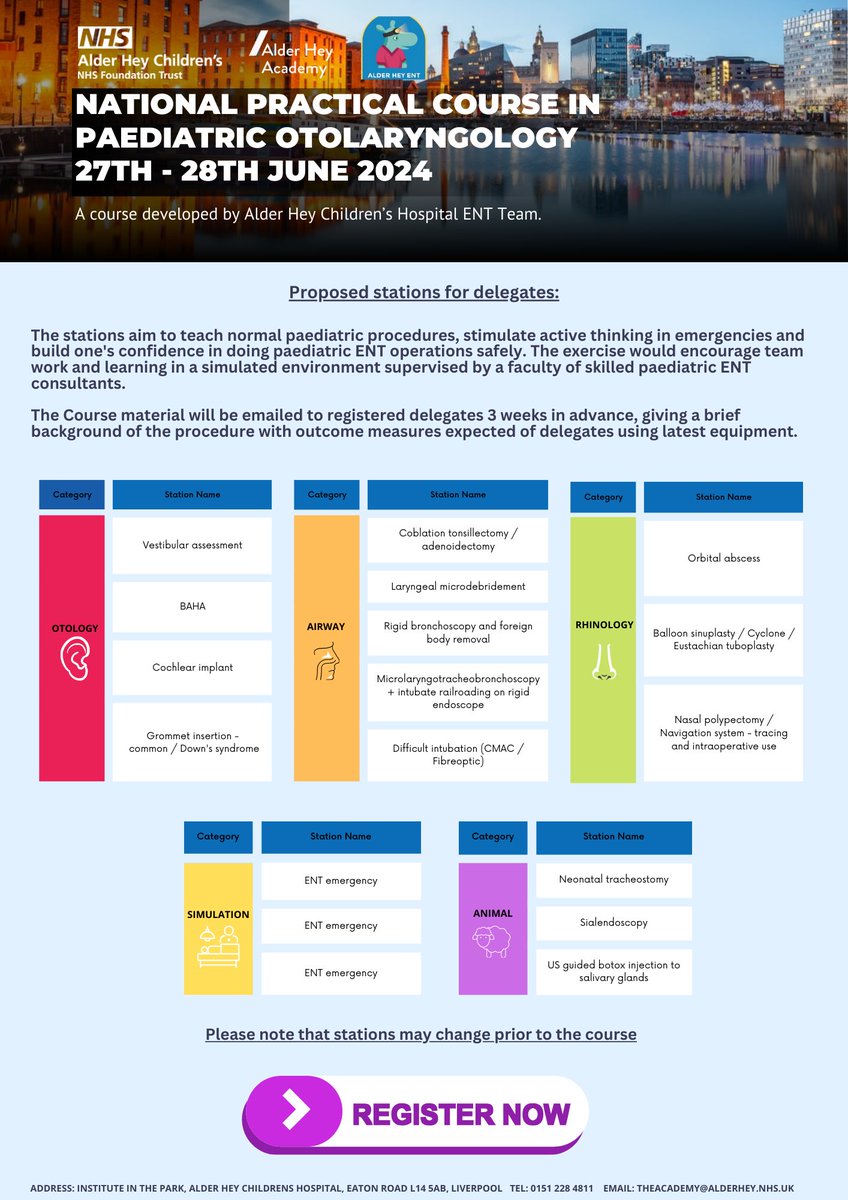 Tickets are now available for Alder Hey's National Practical Course in Paediatric Otolaryngology! A fully practical, two day course held in the Institute in the Park, enriched with an expert faculty🏥👃🦻 Tickets are limited and available below⬇️: NPCPO2024.eventbrite.co.uk