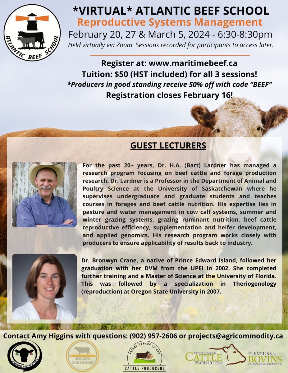 Don't forget to register by Friday for the next module of Atlantic Beef School: Reproductive Systems Management! Registering once gets you all three virtual sessions!
Use promo code "BEEF" to get 50% off!
Register at ow.ly/6fE550QtKGW