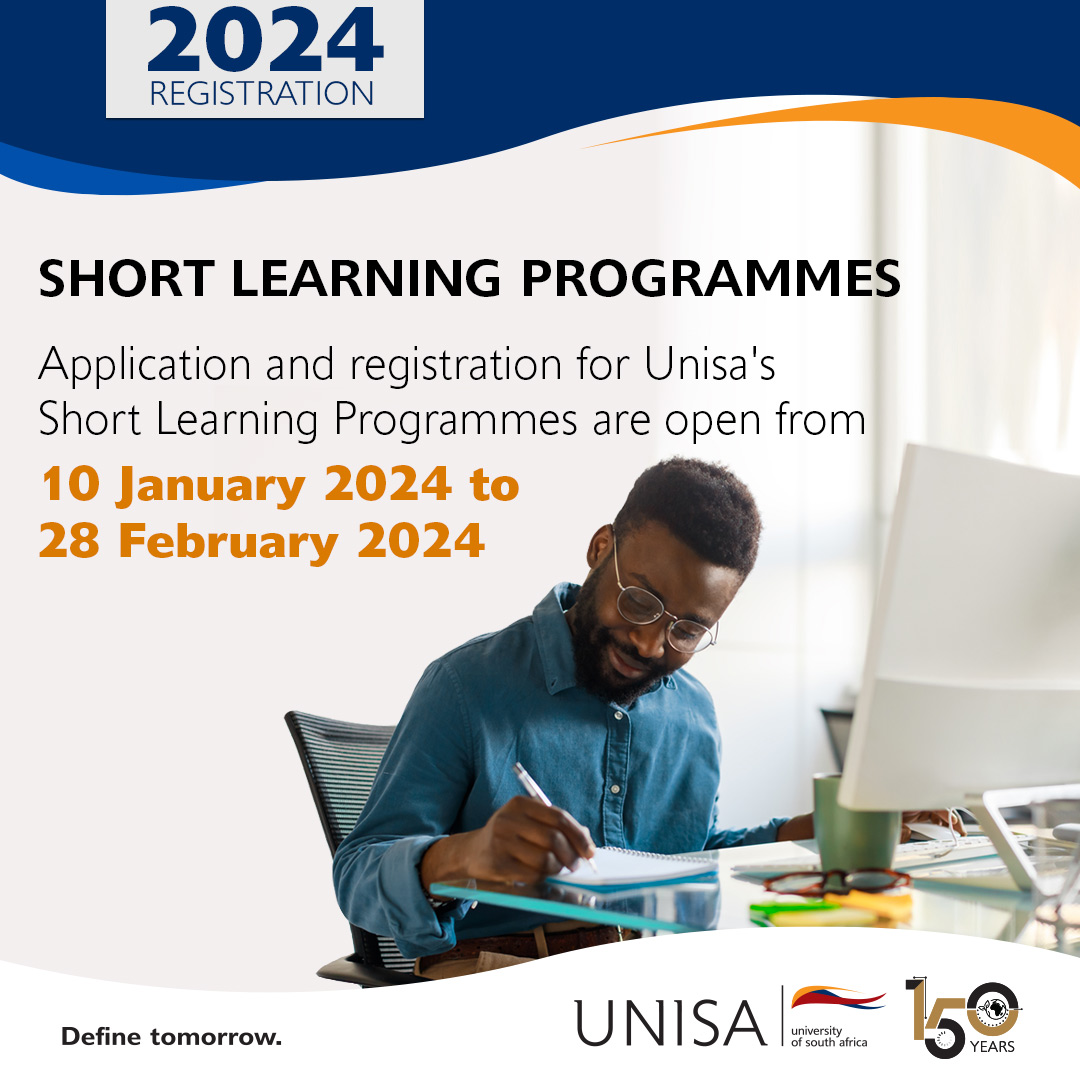unisa's tweet photo. Apply and register online at https://t.co/t9wNBE1dIy for a short learning programme https://t.co/VE5ZZbRa9z.
Semester one registration closes on 31 January and registration for the year courses and modules closes on 28 February 2024.
#Unisa150 #UnisaSLP #UnisaUCL https://t.co/FPARbbXw0i