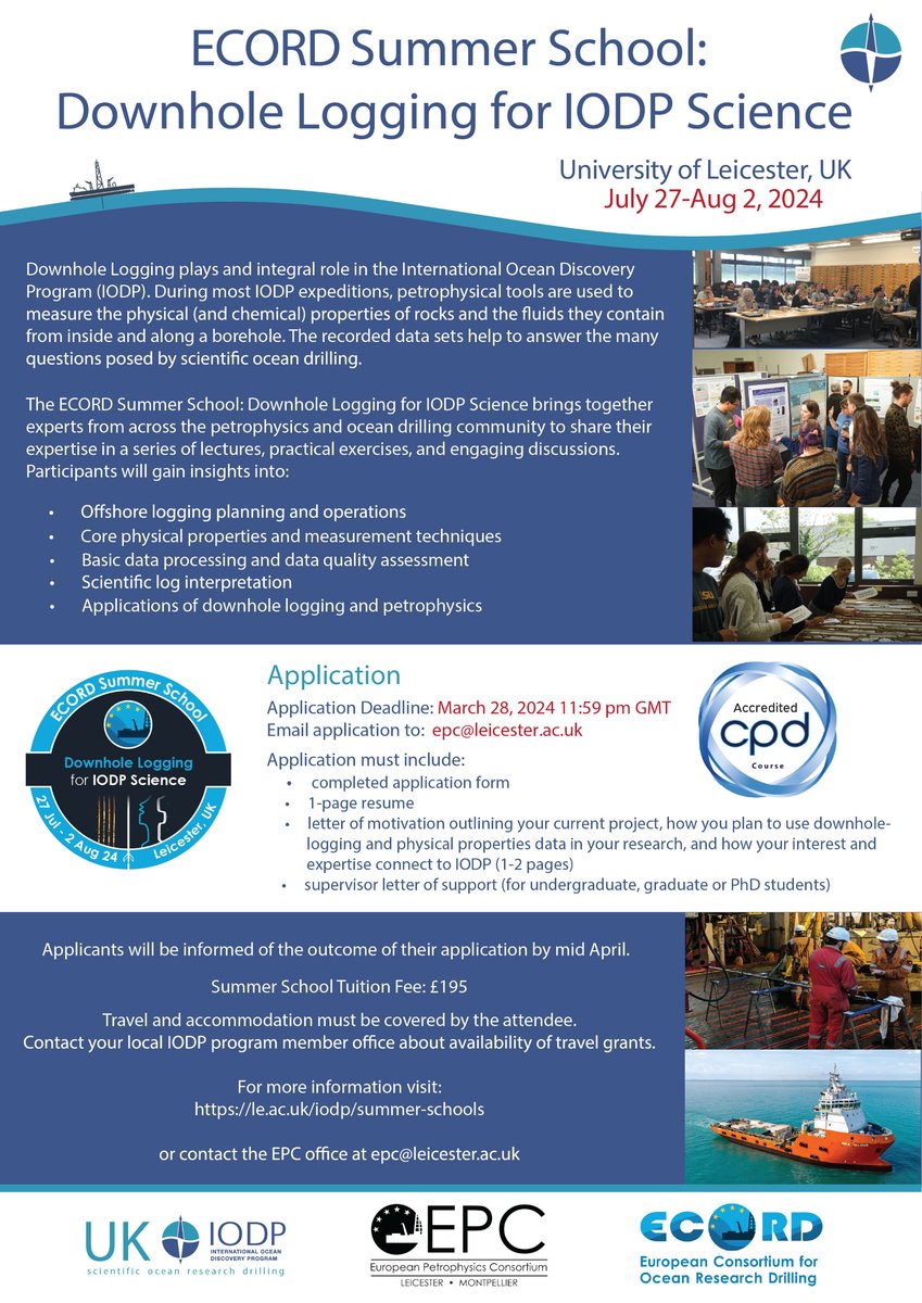 📢Applications open for the eight ECORD Summer School: Downhole Logging for IODP Science

27 July - 2 August 2024 at the <a href="/uniofleicester/">University of Leicester</a>, UK

‼️Deadline: 28 March 2024

See here for all info 👉 le.ac.uk/iodp/summer-sc…