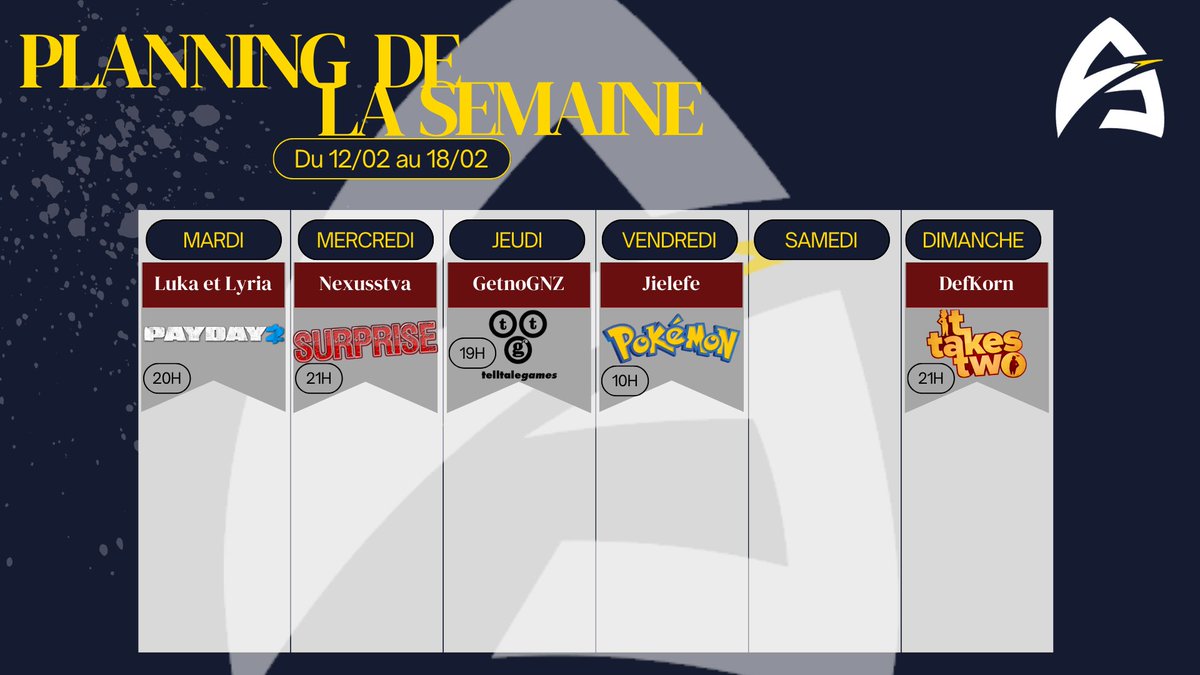 AbyssalWebTV's tweet photo. 📍PLANNING 📍

Voici le planning de la semaine avec @Luka_et_Lyria , @GetnoGNZ ,@jielefeee , @Def_korn , et NexussTVa !

 ! D'autres streams auront peut être lieu👀

https://t.co/Xj2twh6Yx1

#Payday #pokémon #telltalegame #ItTakesTwo #twitch #streamer https://t.co/RfW8qd8enb