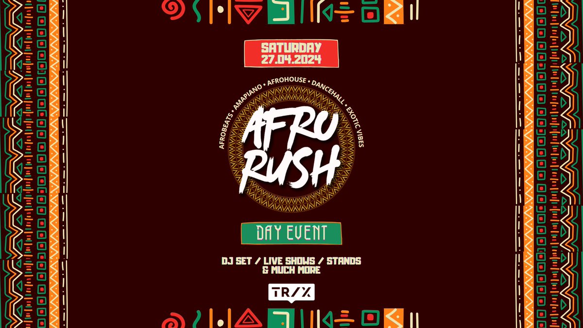 NIEUW — AFRORUSH, het ultieme AFRO & TROPICAL evenement komt 27 april naar Trix! Maak je klaar voor een dag vol bruisende energie en opzwepende muziek! 🌴💗 / Tickets te koop via tinyurl.com/AFRORUSH-Trix