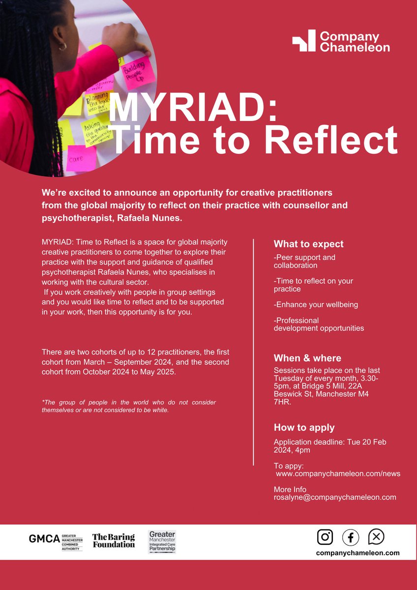 Great #artsopp for global majority creative practitioers here! MYRIAD: Time to Reflect with <a href="/chameleon_info/">Company Chameleon</a>  and <a href="/threadUp_/">Rafaela Nunes</a>  where you get time to reflect, connect and share in a safe open space. More Info: shorturl.at/bqtR5 
#creativehealthgm