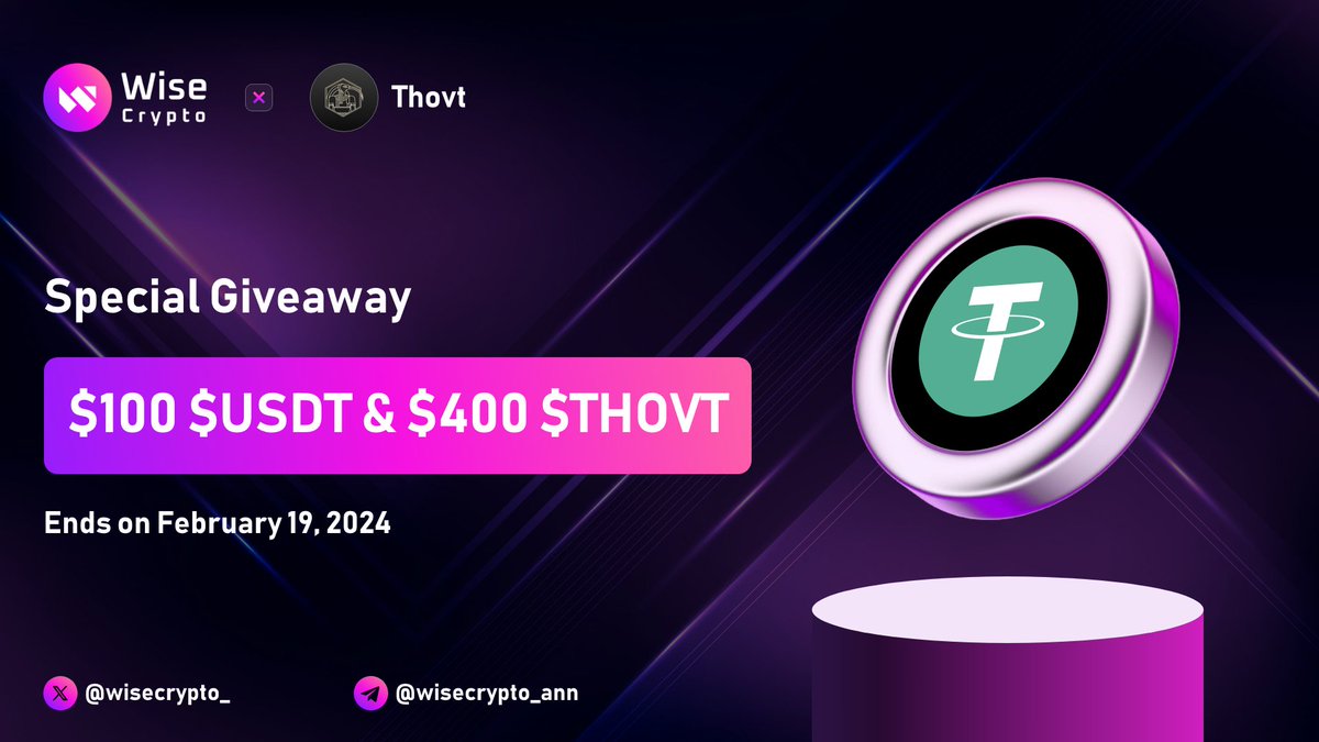 🥳 Wise Crypto &amp; Thovt #Giveaway

🏆 Prize Pool - $100 $USDT + $400 in $THOVT

To Enter
✅ Follow <a href="/Thovt_io/">Thovt</a> &amp; <a href="/WiseCrypto_/">Wise Crypto</a>
✅ RT &amp; Tag 3 Friends
✅ Complete #Gleam gleam.io/11nDj/thovt-gi…

#Airdrop #Giveaways #Crypto #Airdrops #THOVT $THOVT $USDT #NFT