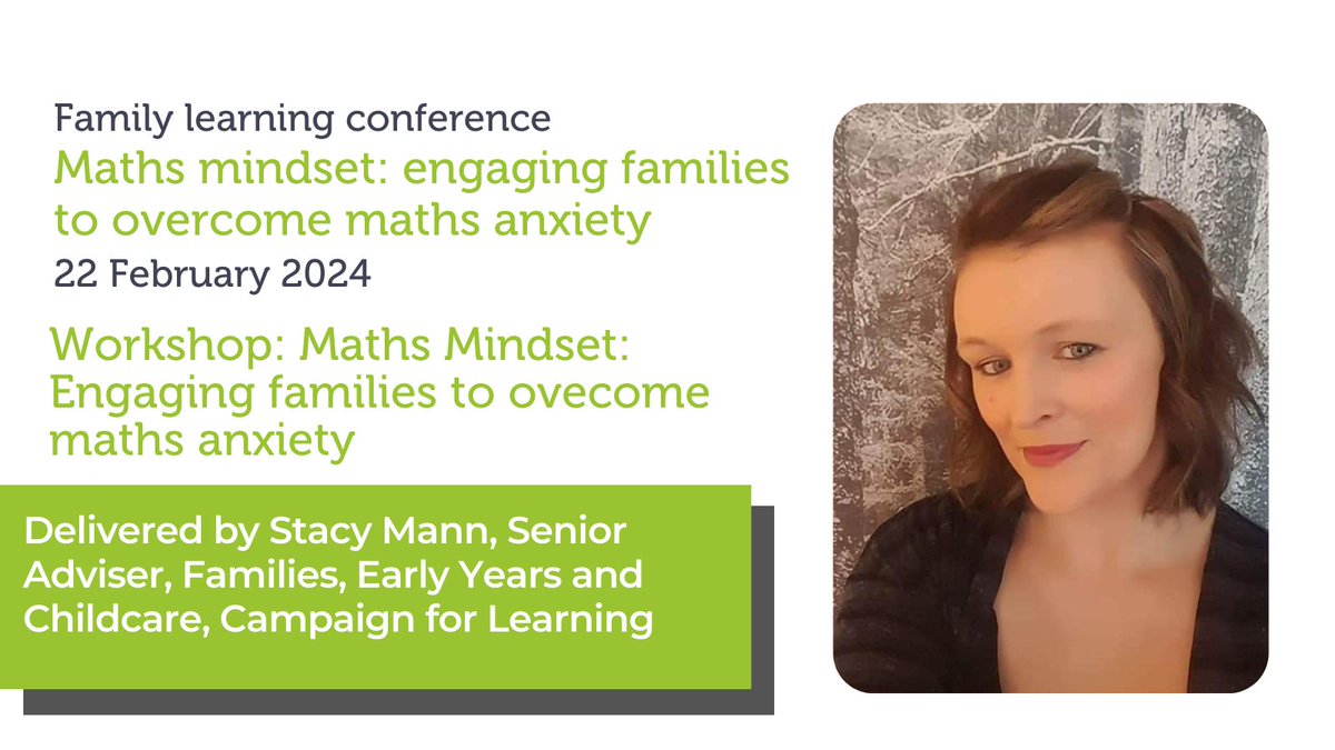 FamilyLearning_'s tweet photo. At the #FamilyLearning conference on 22 February, Stacy Mann will be exploring strategies to overcome maths anxiety through dynamic and interactive learning experiences for families. 

Book your place with your NCFL member discount: https://t.co/2zCL5Th8qg https://t.co/cXuP9MdFaU