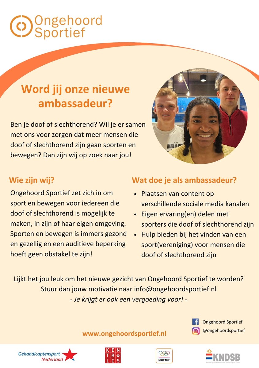 Nieuwe ambassadeur Ongehoord Sportief gezocht 🤩

Ben je doof of slechthorend? Wil je er samen met ons voor zorgen dat meer mensen die doof of slechthorend zijn gaan sporten en bewegen? Dan zijn wij op zoek naar jou!

Meer informatie?👇ongehoordsportief.nl/ambassadeur-ge…