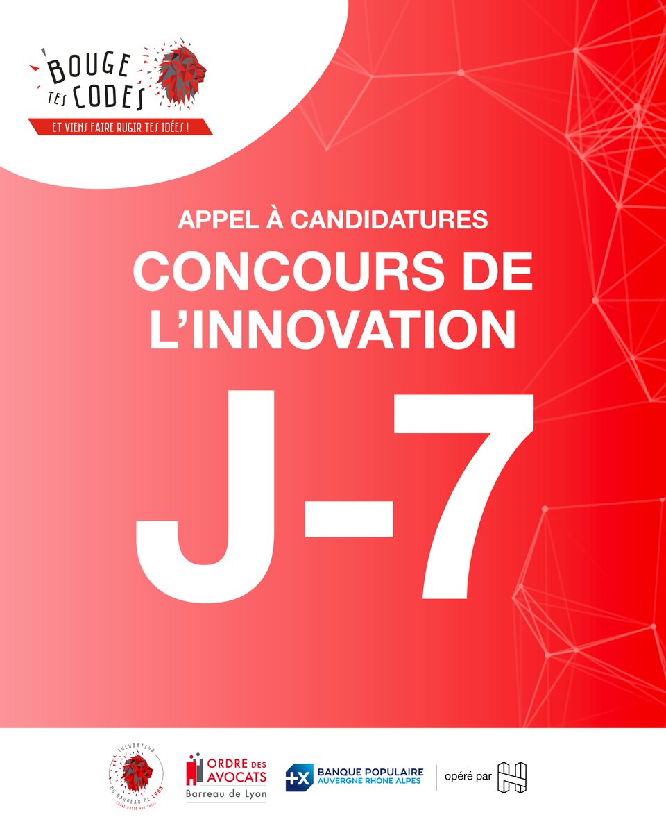 7 jours pour candidater au concours de l’innovation du Barreau de Lyon (@Avocatslyon) 📣 Vous êtes avocat, élève-avocat, étudiant en droit ou investi dans le domaine de l’innovation juridique ? Candidatez avant le 18 février ! 👉 h-7.typeform.com/barreaudelyon