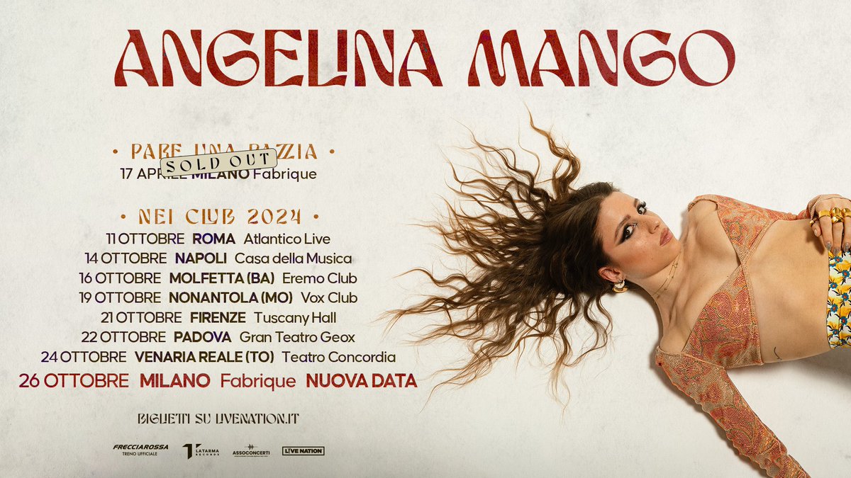 Disponibili da ORA i biglietti per la nuova data al Fabrique di Milano del 26 ottobre del tour nei grandi club di Angelina! ❤️‍🔥

Per acquistare il voglio biglietto 👉🏻 livenation.it/show/1471836/a…