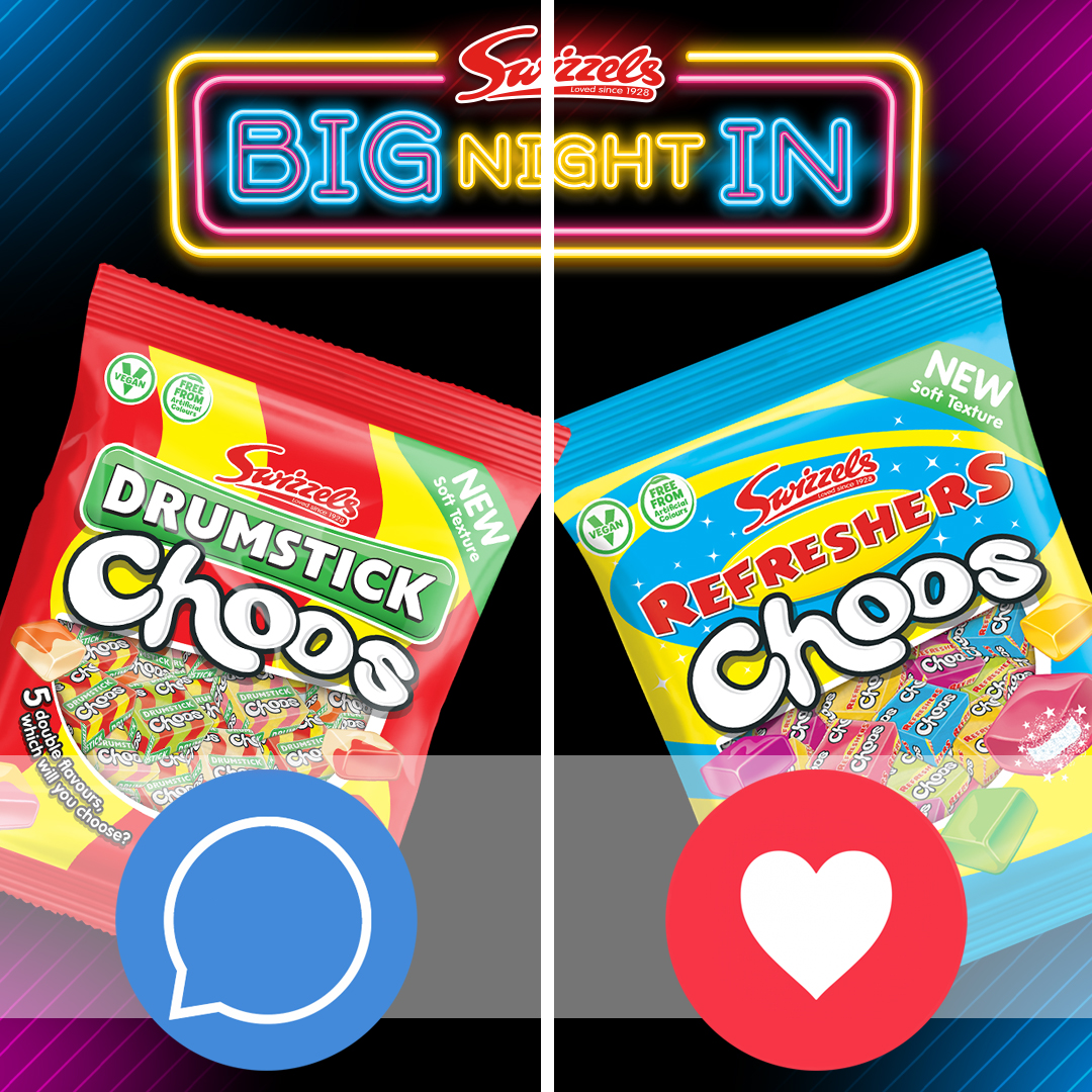 Drumstick or Refresher Choos? 🤔🍬 Choose your favourite and we'll pick one winner the chance to win one of our Big Night In bundles which includes a Big Night In cup! 5 winners will be chosen at random. UK & ROI only, 18+, starts: 12/02/24, 6pm, ends: 14/02/24, 10am.