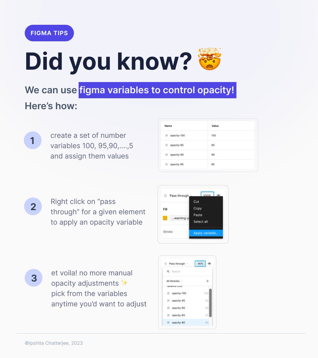 IpshitaChatter2's tweet image. Recently I found out, we can use variables in Figma, to control opacity values! 🤯 Here’s how:

#figmatips #visualdesign #designsystems