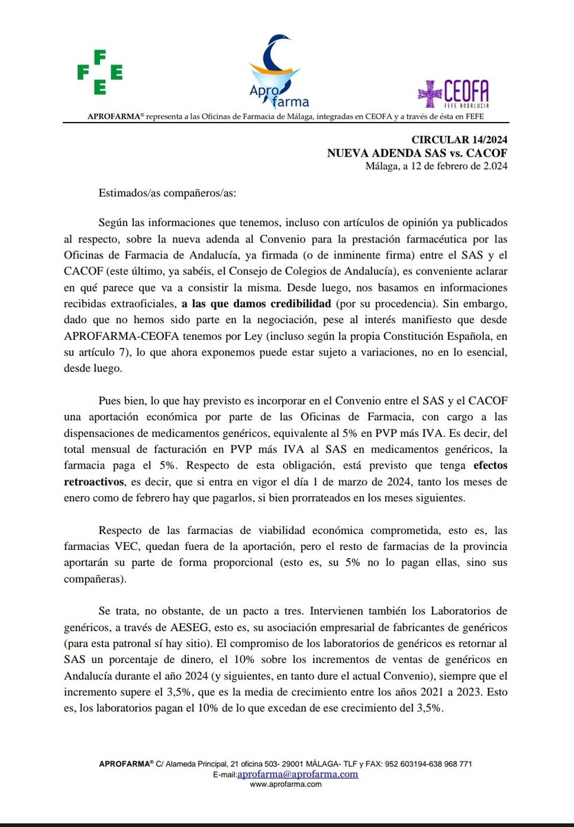 gfarmaunidos's tweet photo. Aquí tenemos la circular de la PATRONAL ANDALUZA, CEOFA, sobre la adenda al convenio. Incluye carácter retroactivo y sanciones por incumplimiento del 90%.Esto es muy grave. Desde @gfarmaunidos aconsejamos acudir a todos a las reuniones colegiales #stopsubastaencubierta https://t.co/8Im4zDsR86