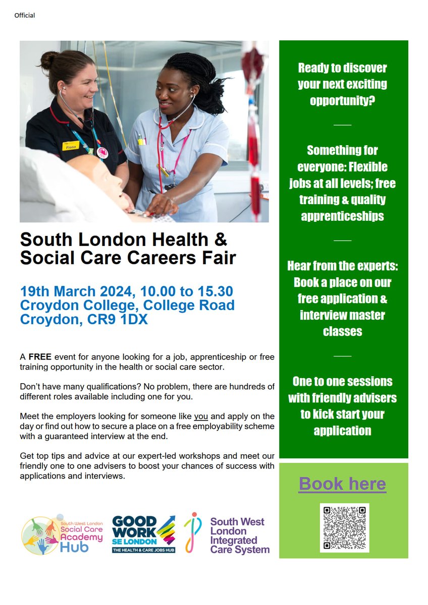 Are you kind, caring and like to make a difference? Looking for a rewarding role in health or social care? Explore job opportunities, apprenticeships, and more at The South London Health & Social Care careers fair. Scan the attached QR code for more deets!