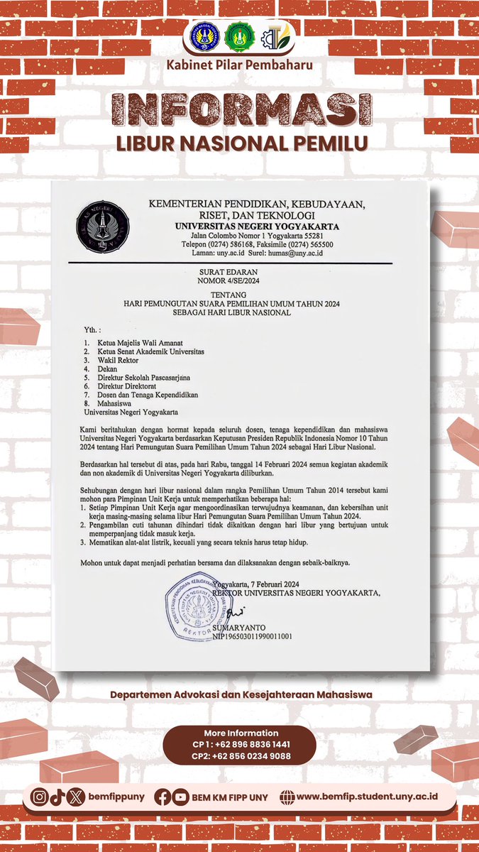 INFORMASI LIBUR NASIONAL PEMILU 

🤓: Hari Pemilu Rabu tanggal 14 Februari 2024 libur ga sih?🤔

🤓: Bedasarkan hal tersebut di atas, pada hari Rabu tanggal 14 Februari 2024 semua kegiatan akademik dan non akademik di Universitas Negeri Yogyakarta diliburkan