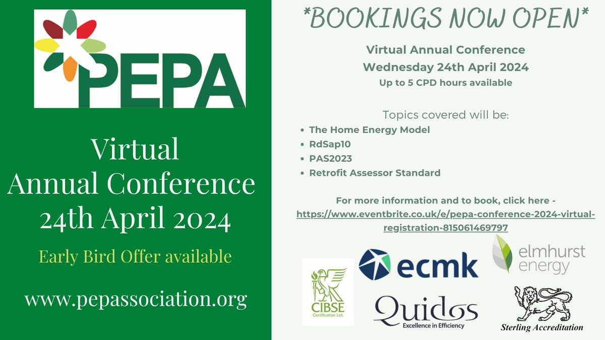 <a href="/PEPA_LTD/">PEPA</a> is delighted to announce that bookings are now open for the Online Conference on 24th April.  More information and to book, see our website - pepassociation.org #epc #energyassessors
