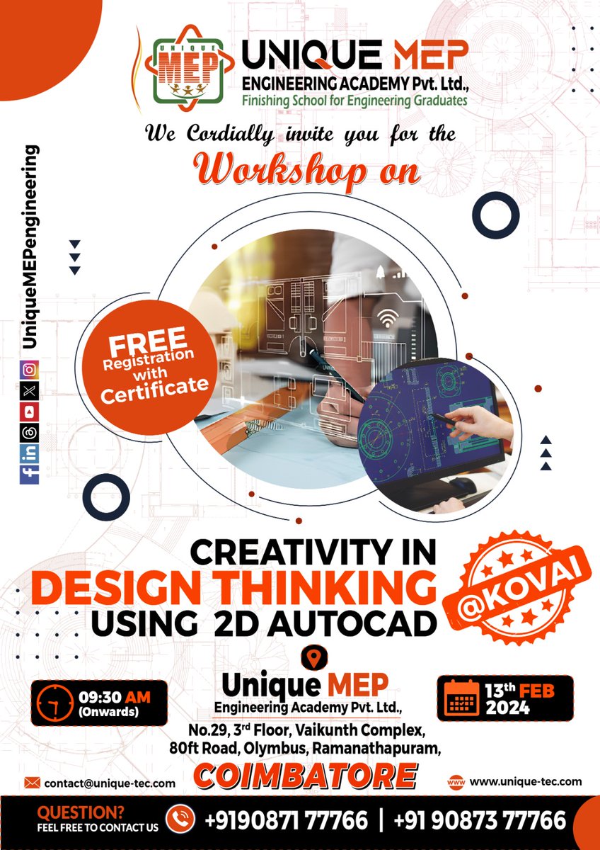 uniqueMEPengg's tweet photo. Unlock Your Design Potential with Our AutoCAD Workshop! Join us for an immersive journey into the world of digital drafting.
Registration Link 
https://t.co/jV98GVfDDa https://t.co/JXpppBpk3J