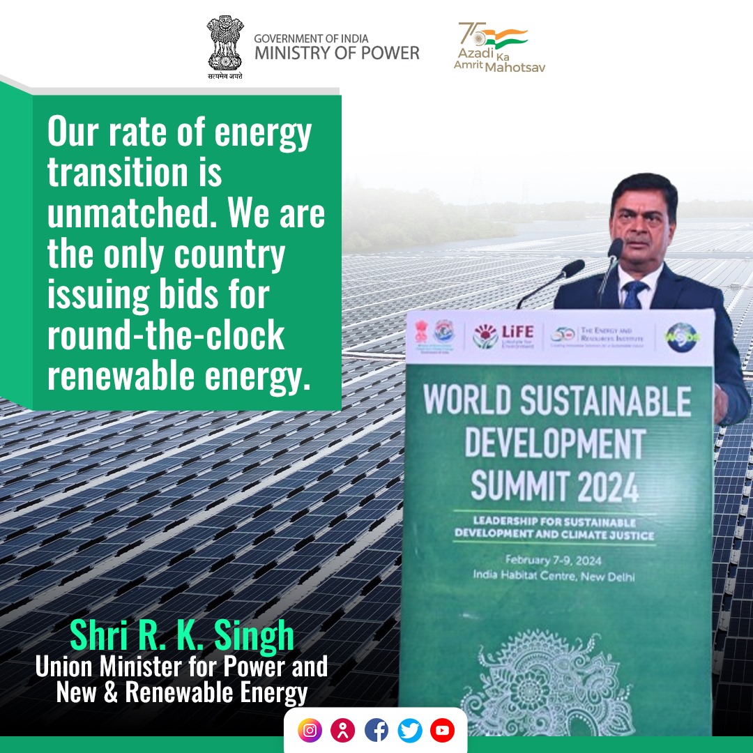 Hon'ble Minister of Power and NRE Shri R. K. Singh emphasized India's leadership in climate action and #EnergyTransition at the World Sustainable Development Summit (#WSDS) organised by #TERI, in New Delhi on February 9, 2024. @OfficeOfRKSingh @teriin @mnreindia