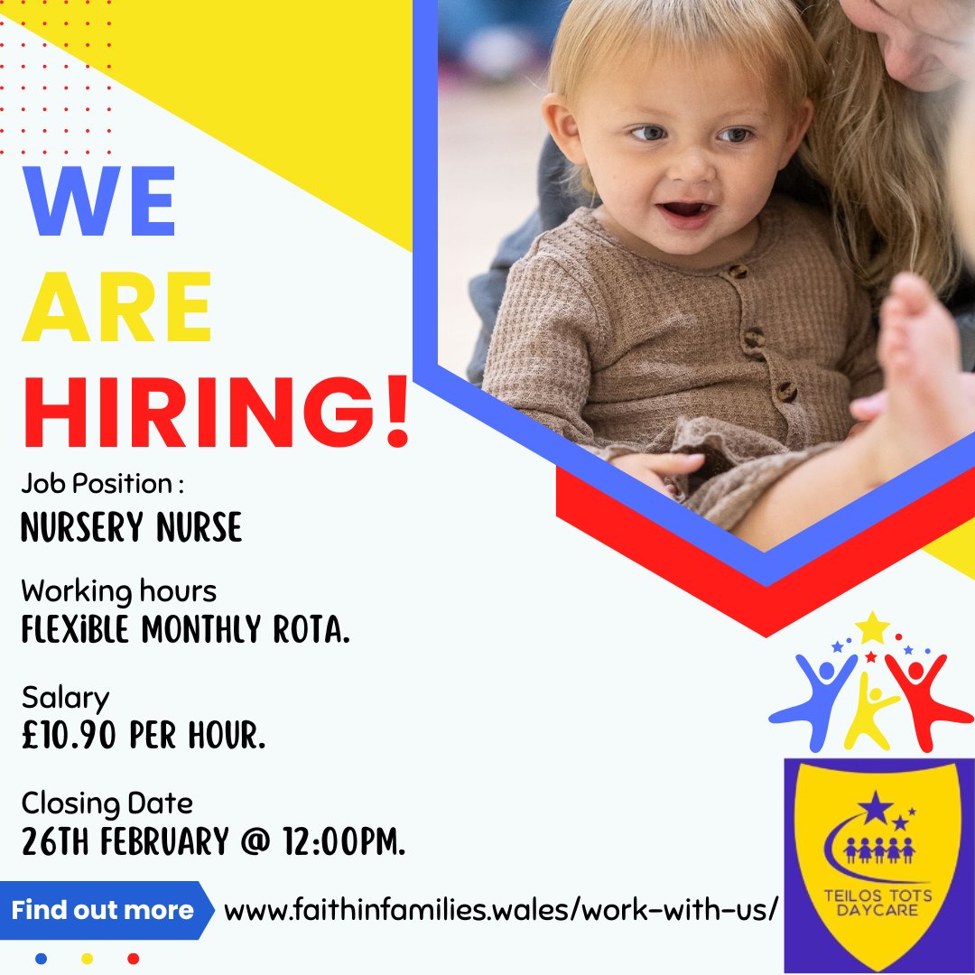 🔴🟡🔵 💥We are Hiring 💥 We are on the lookout for a Nursery Nurse to join our Teilos Tots Day care team! ✨ 💼 Job Role: Nursery Nurse 🕒 Hours: Flexible Monthly Rota 💰 Salary: £10.90 Per Hour 📅 Closing Date: 26th February, 12pm Apply Now 👉 tinyurl.com/yc7wrawp 🔴🟡🔵