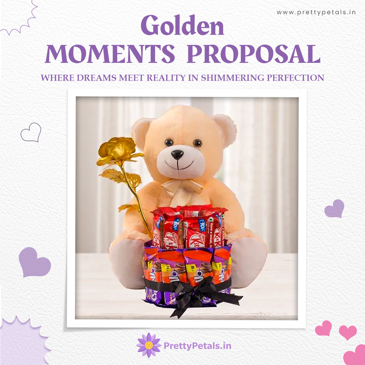 PrettyPetalsIN's tweet image. Make your moment magical with our Golden Moments Proposal package! 💍✨ Includes a golden rose, cuddly bear, and delectable treats for an unforgettable proposal! 💛🐻🍬 #GoldenMoments #SweetProposal 🌸