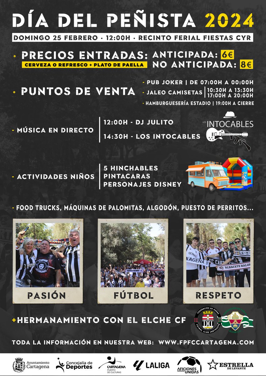 Federación de Peñas FC Cartagena (@fpfcct) on Twitter photo 𝙊𝙁𝙄𝘾𝙄𝘼𝙇 | DÍA DEL PEÑISTA 2024 ⭐
📢 ¡Este 2024 vuelve el #DíaDelPeñista aprovechando el partido ante el <a href="/ElcheCF/">Elche Club de Fútbol</a> ⚽🖤
📆 Domingo 25 febrero
⏰ Desde las 12:00h
🏟️ Recinto Ferial @CyR_Cartagena
ℹ️ Toda la información en nuestra web 👇
fpfccartagena.com/post/d%C3%ADa-… 𝙊𝙁𝙄𝘾𝙄𝘼𝙇 | DÍA DEL PEÑISTA 2024 ⭐
📢 ¡Este 2024 vuelve el #DíaDelPeñista aprovechando el partido ante el <a href="/ElcheCF/">Elche Club de Fútbol</a> ⚽🖤
📆 Domingo 25 febrero
⏰ Desde las 12:00h
🏟️ Recinto Ferial @CyR_Cartagena
ℹ️ Toda la información en nuestra web 👇
fpfccartagena.com/post/d%C3%ADa-…