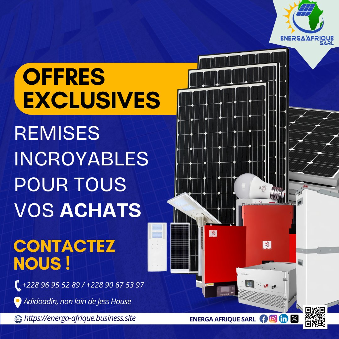 Découvrez nos offres exceptionnelles sur une large gamme de produits solaires! 
Profitez de remises pour économiser sur vos achats de panneaux solaires, pompes solaires, lampadaires solaires et bien plus encore.
#energaafriquesarl  #EnergieSolaire #Promotions 

#CAN2023📷