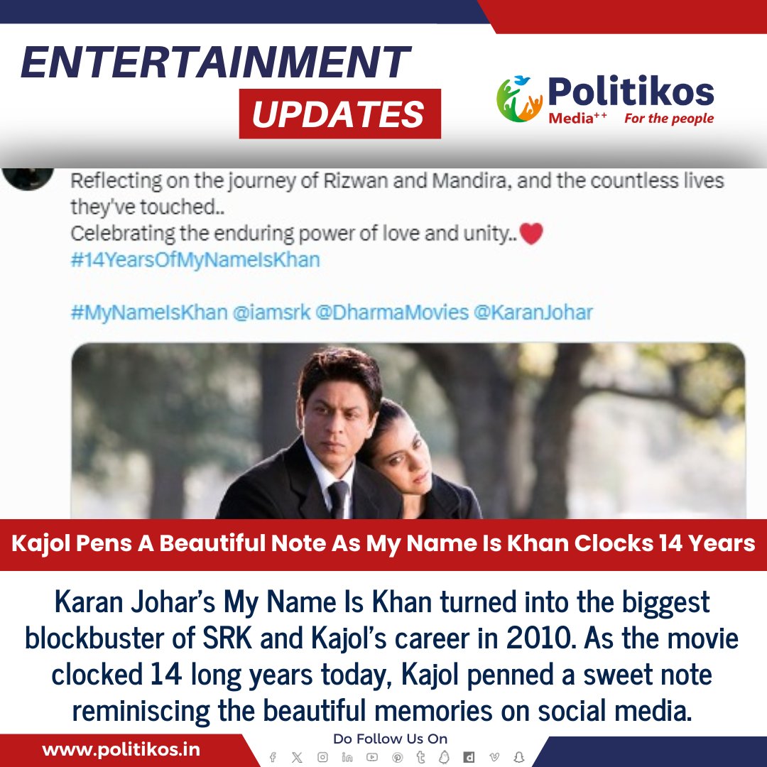 Kajol Pens A Beautiful Note As My Name Is Khan Clocks 14 Years
#Politikos
#Politikosentertainment
#Kajol
#MyNameIsKhan
#14YearsOfMNIK
#Bollywood
#MovieAnniversary
#FilmCelebration
#Gratitude
#MovieMemories
#ActorLife
#FilmAppreciation