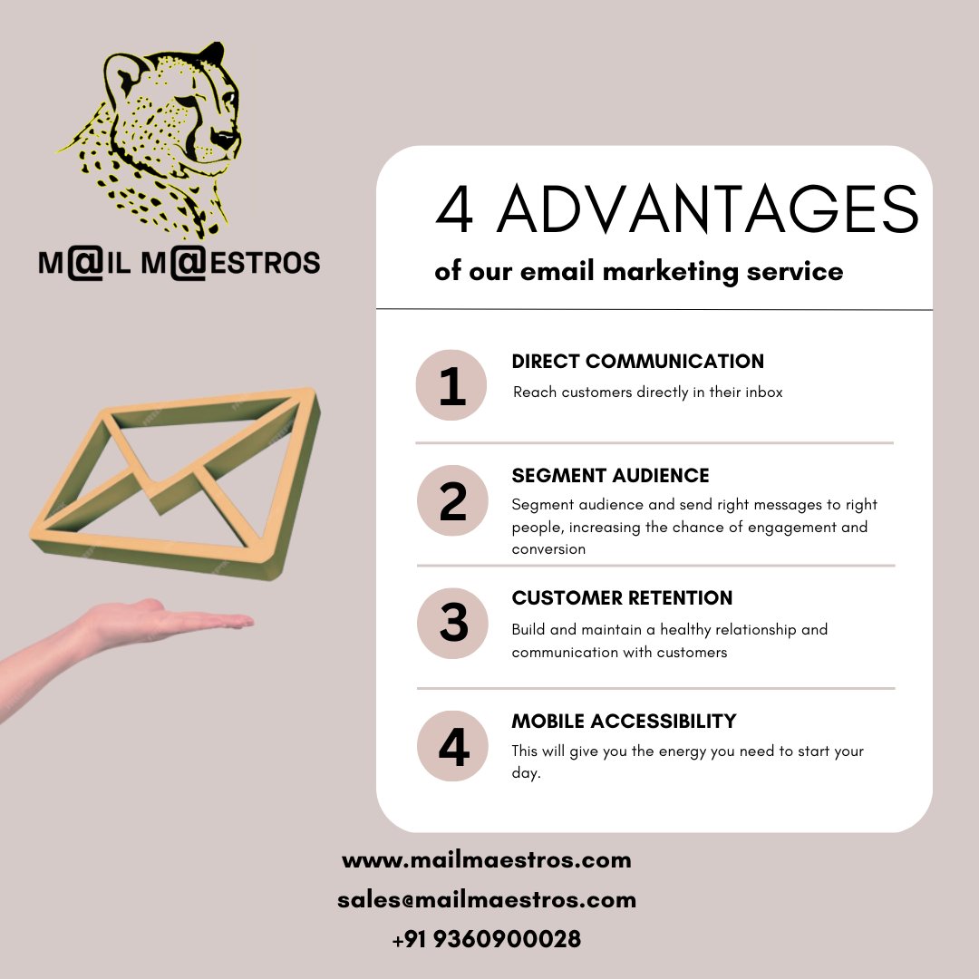MailMaestros's tweet photo. From increased reach to enhanced engagement, discover the four advantages that make email marketing a game-changer for businesses. Boost your brand, nurture leads, and drive conversions with every send.
Visit us: https://t.co/rFOkvHc5iM

#emailmarketing #bulkemails https://t.co/pAbl94ouox