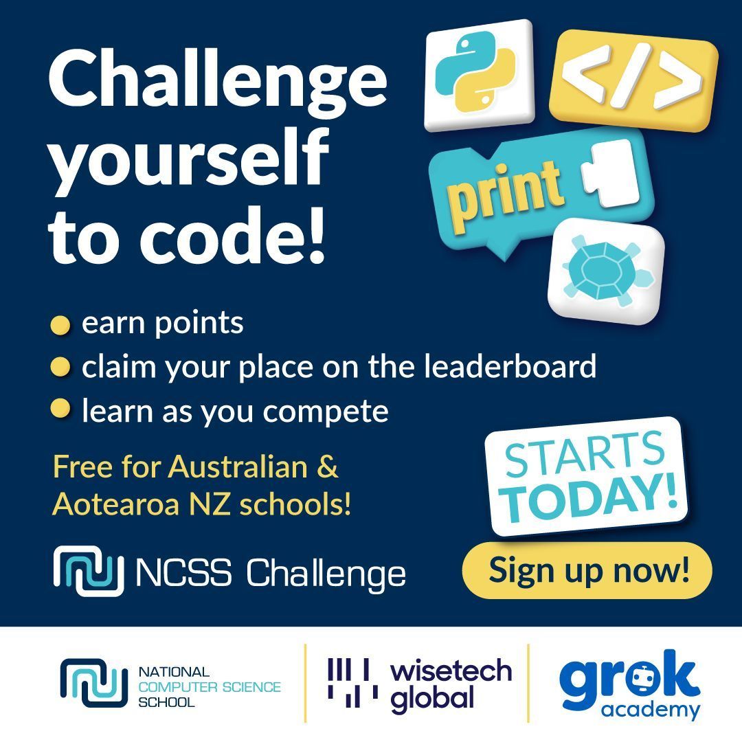 grokacademy's tweet image. 🌟💻 The NCSS Challenge starts today!
What to Expect:
Learn programming as you go
Challenges range from simple to mind-bending
Compete with students from Aus & NZ
grokacademy.org/challenge/
#GrokAcademy #NCSSChallenge @WiseTechGlobal