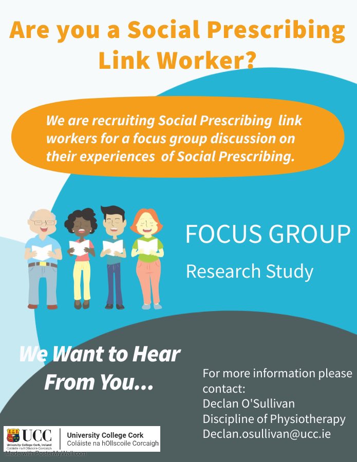 Declan O' Sullivan (@declanosucc) on Twitter photo We are looking for volunteers for an upcoming focus group discussion on the experiences and perceptions of social prescribing interventions from link workers perspective <a href="/uccphysio/">@UCCPhysio</a> <a href="/ireland_social/">All Ireland Social Prescribing Network</a> <a href="/AccessElemental/">Access Elemental Social Prescribing</a> <a href="/HSE_SI/">HSE Social Inclusion</a> <a href="/mcveigh_joe/">Prof. Joe McVeigh</a> <a href="/frcnf/">FRC National Forum</a> We are looking for volunteers for an upcoming focus group discussion on the experiences and perceptions of social prescribing interventions from link workers perspective <a href="/uccphysio/">@UCCPhysio</a> <a href="/ireland_social/">All Ireland Social Prescribing Network</a> <a href="/AccessElemental/">Access Elemental Social Prescribing</a> <a href="/HSE_SI/">HSE Social Inclusion</a> <a href="/mcveigh_joe/">Prof. Joe McVeigh</a> <a href="/frcnf/">FRC National Forum</a>