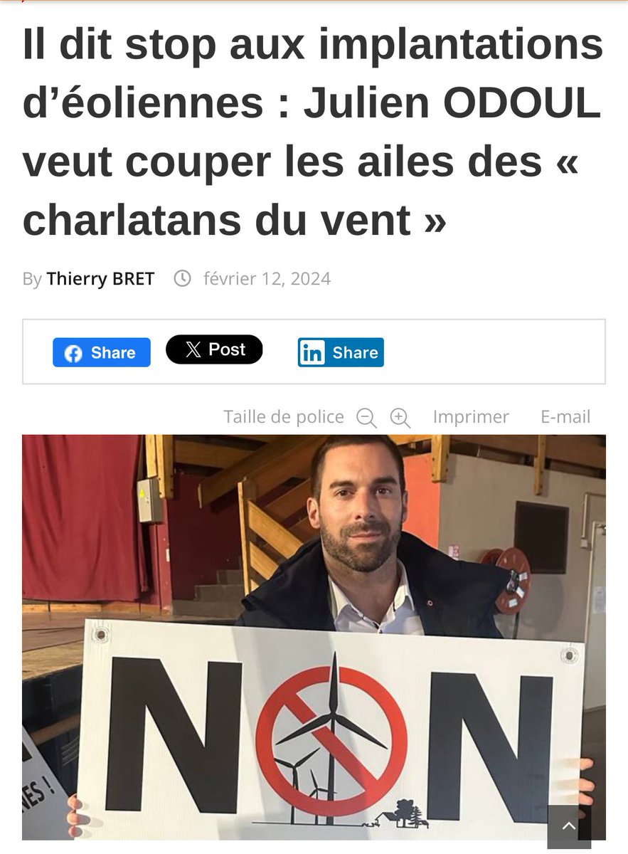 JulienOdoul's tweet photo. 🗞️ « Le député de la troisième circonscription de l’#Yonne, Julien ODOUL, monte au créneau pour défendre le cadre de vie des habitants de la partie septentrionale du territoire face à de nouveaux projets d’implantations d’éoliennes. » @presse_evasion 

https://t.co/jcDIDsi0EO https://t.co/NQVGCwxram