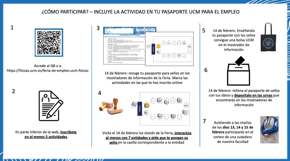 ¿CÓMO PARTICIPAR EN LA FERIA DE EMPLEO?
fisicas.ucm.es/feria-de-emple…
¡Anímate a venir! Inscríbete en la web para asistir a las charlas y ven a interaccionar con las empresas que vienen a visitarnos.
¡Los stands de las empresas solo estarán el miércoles 14 de febrero!