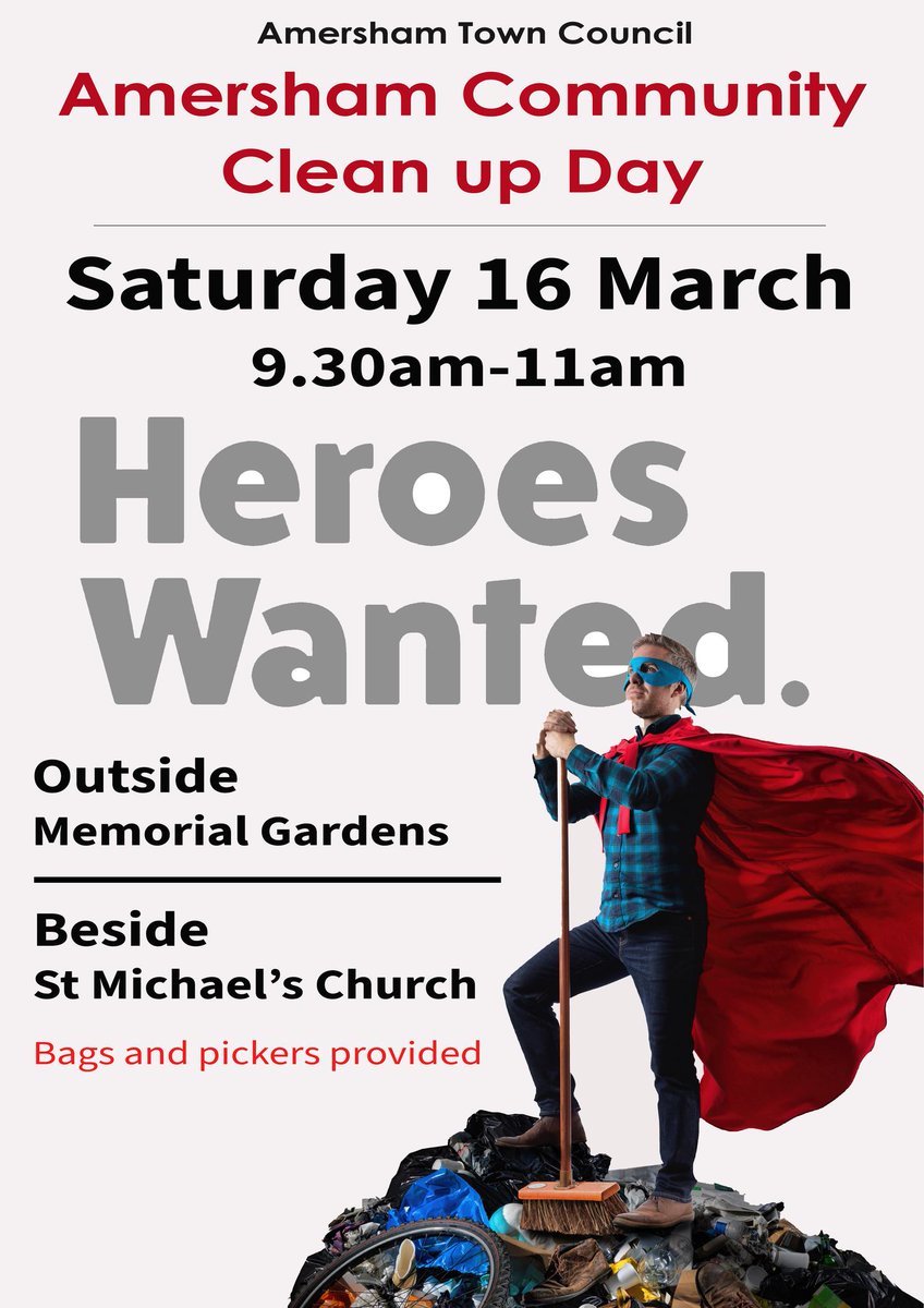 Take part in #Amersham's Clean Up Day on Sat 16 March as part of the national Great British Spring Clean initiative!
We'll be handing out bags and litter pickers from our stall beside St. Michael's Church on Sycamore Road and outside the Memorial Gardens!
amersham-tc.gov.uk