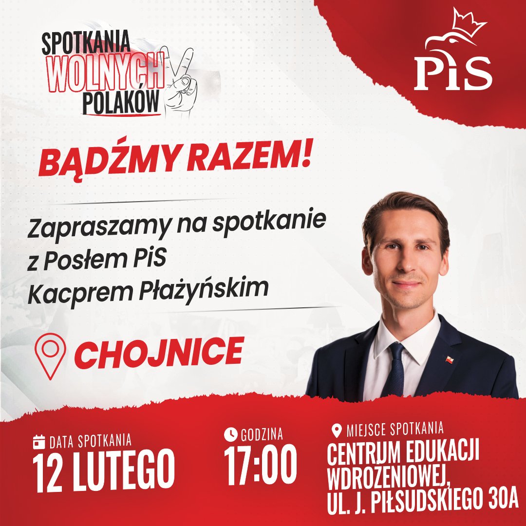 👋Chojnice!
Widzimy się dzisiaj na spotkaniu Wolnych Polaków, które odbędzie się o godzinie 17.00 w Centrum Edukacji Wdrożeniowej w Chojnicach, Ul. Józefa Piłsudskiego 30 A.
#BądźmyRazem