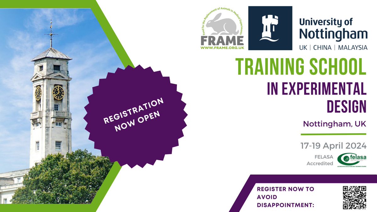 🎉 Registration is OPEN for the UoN/FRAME Training School in Experimental Design &amp; Statistical Analysis!

Join them in Nottingham, UK from April 17-19, 2024. Thanks to FRAME, it's an amazing value! Limited spots available.

Register NOW: frame.beaconforms.com/form/a409d886