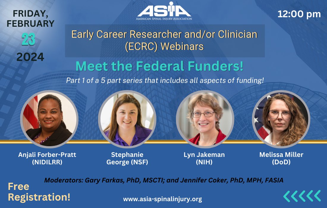"Meet the Federal Funders" Register Now! 
Feb. 23 Early Career Researcher and/or Clinician (ECRC) Webinar | 5-part series
12:00 pm EST - Free Registration

Read More: asia-spinalinjury.org/ecrc-new-2024-…

#EarlyCareerSCIWebinars
#ECRCWebinarSCI