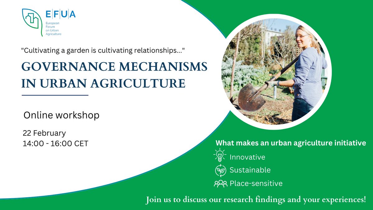 EFUA (@efua_eu) on Twitter photo Online workshop “Governance mechanisms of urban agriculture initiatives”, 22 February, 2024 On February 22, from 14:00 to 16:00 CET.  docs.google.com/forms/d/e/1FAI… Online workshop “Governance mechanisms of urban agriculture initiatives”, 22 February, 2024 On February 22, from 14:00 to 16:00 CET.  docs.google.com/forms/d/e/1FAI…