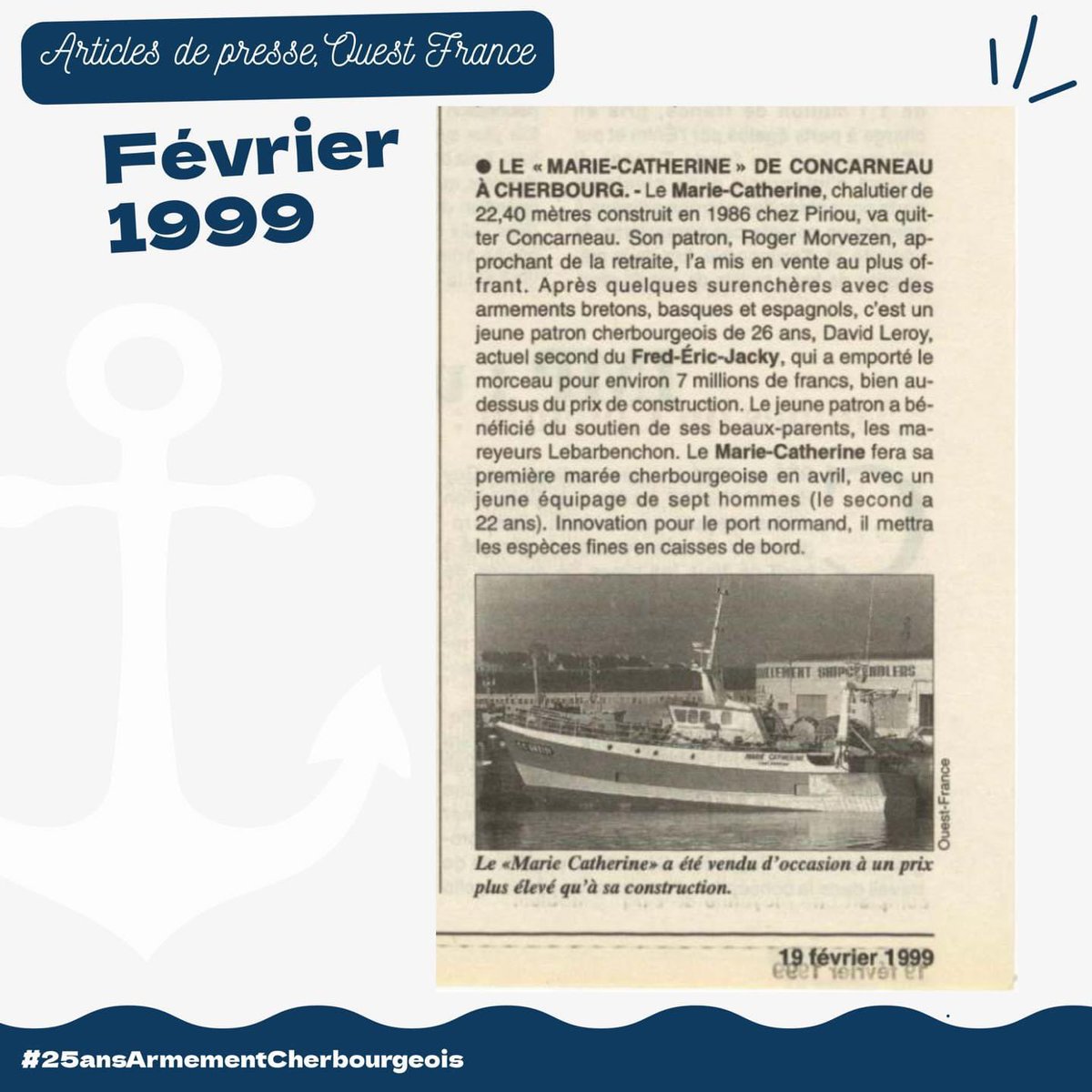 ArmementCherb's tweet photo. Il y a 25 ans, Ouest France annonçait l'achat du navire “Marie Catherine” l’armateur avait décidé que les acheteurs devaient faire une enchère à l’enveloppe ce sont Sophie et David 21 et 23 ans à l’époque, qui ont fait l’offre la plus élevée.#normandie #cherbourgencotentin https://t.co/e0jdQUXtCY