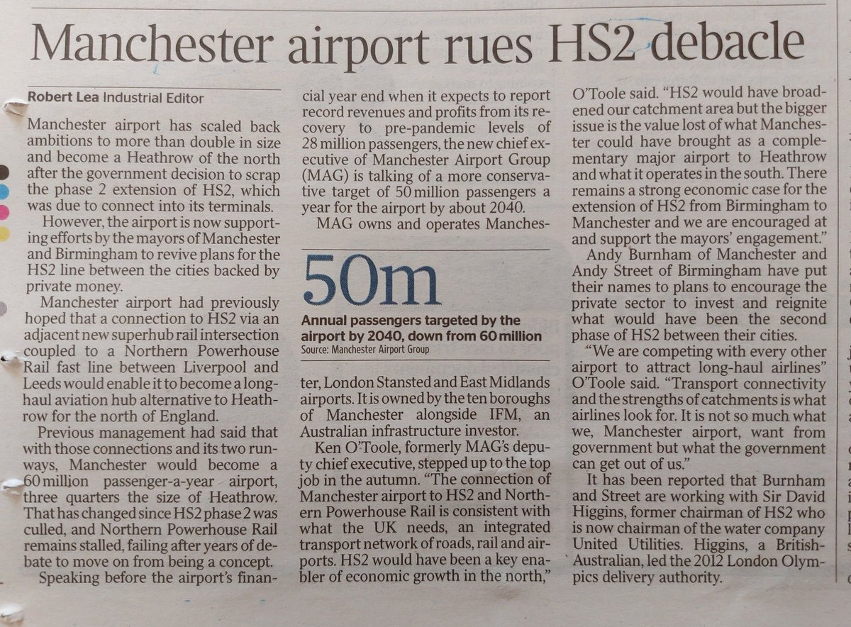 As we said all along, far from reducing flights, #HS2 was lobbied for by four major airports, Leeds - Bradford, Birmingham, East Midlands and Manchester, all who said #HS2 was essential in their plans for aviation expansion. #StopHS2
Times 12/02/2024