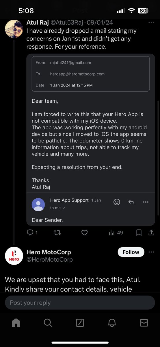 Atul53Raj's tweet photo. @HeroMotoCorp  can I get an update for the concern I raised in Jan. The ticket was escalated to your software team, till now no response.

If you are unable to solve, please hire some developers.
Such a pathetic service!!

Will never suggest anyone to purchase any of your bikes. https://t.co/XKbHygXtpy
