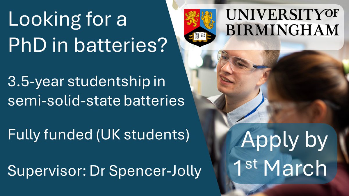 Apply for a PhD in my group at the University of Birmingham!
I'm looking for a motivated student to start in September, researching next-generation battery materials and interfaces.
Details of how to apply: shorturl.at/iCLW4

<a href="/EnergyMatBham/">Energy Materials Group (Birmingham)</a> <a href="/metmat_unibham/">Met&Mat @ Birmingham</a> <a href="/FaradayInst/">Faraday Institution</a>
